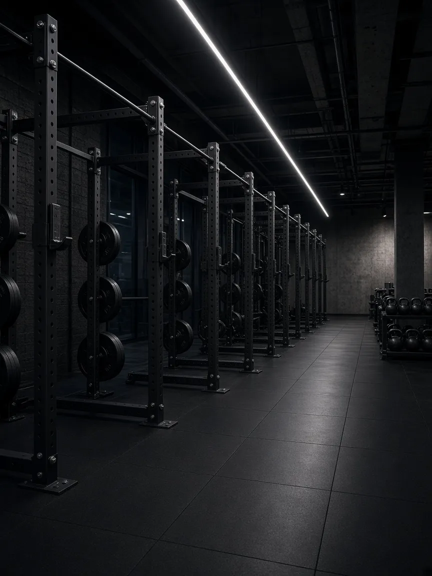Rows of squat racks in an empty strength gym
