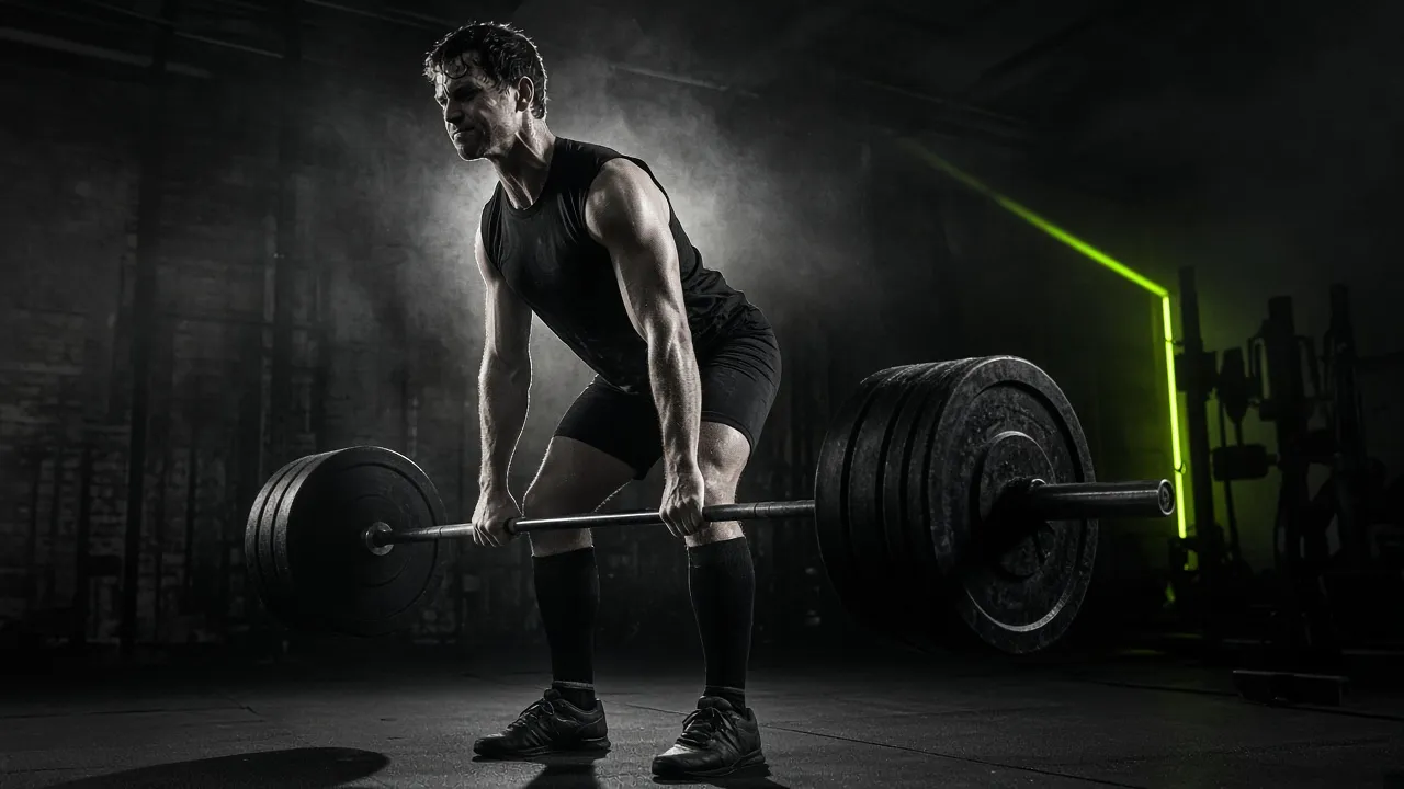 Athlete lifting a heavy barbell in a dark gym