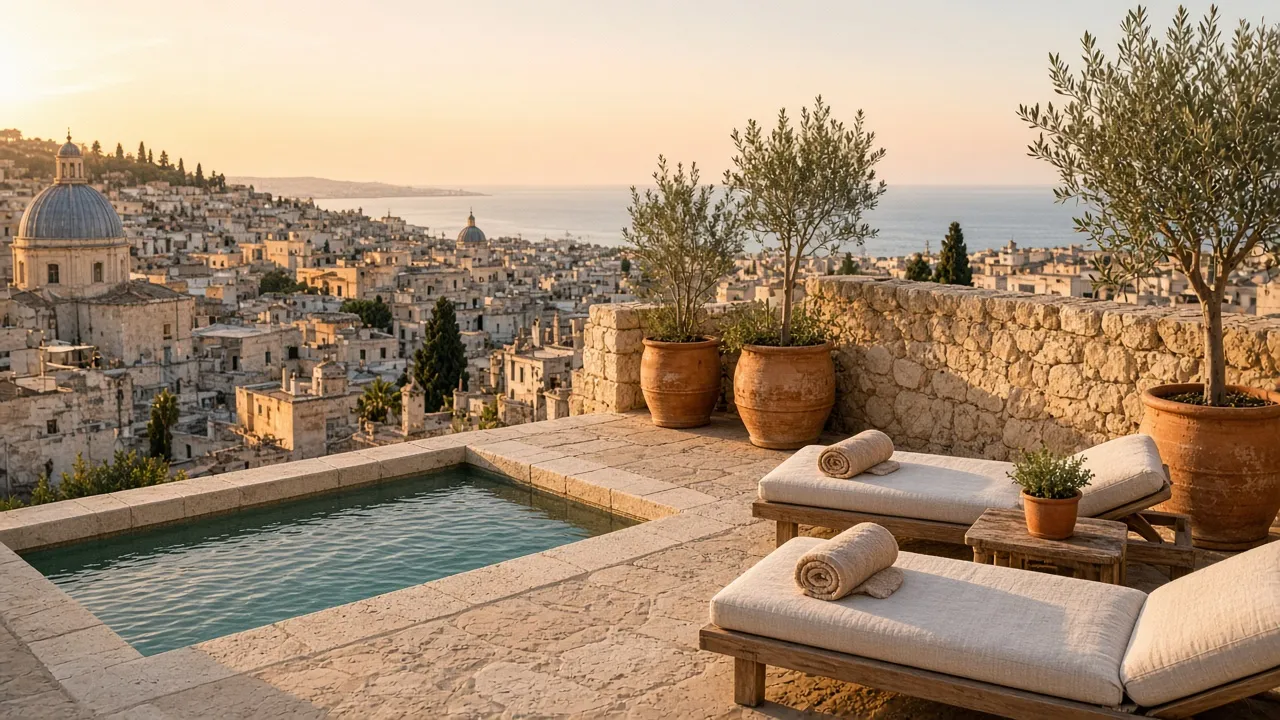 Rooftop terrace with plunge pool over a Mediterranean old town at sunset