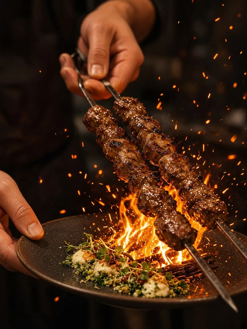 Chef grilling lamb skewers over flames
