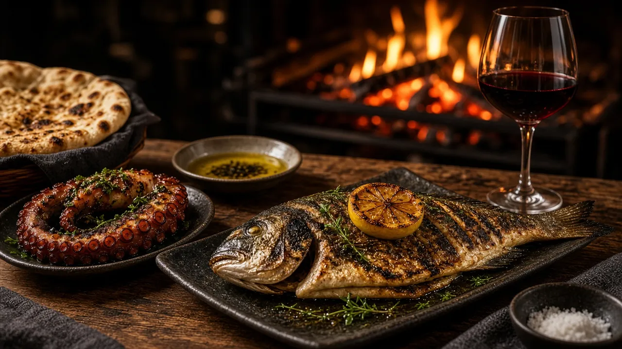 Grilled sea bream, octopus and red wine by an open fire