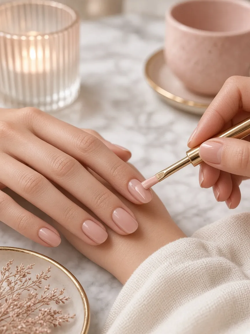 Nude pink manicure on a marble table
