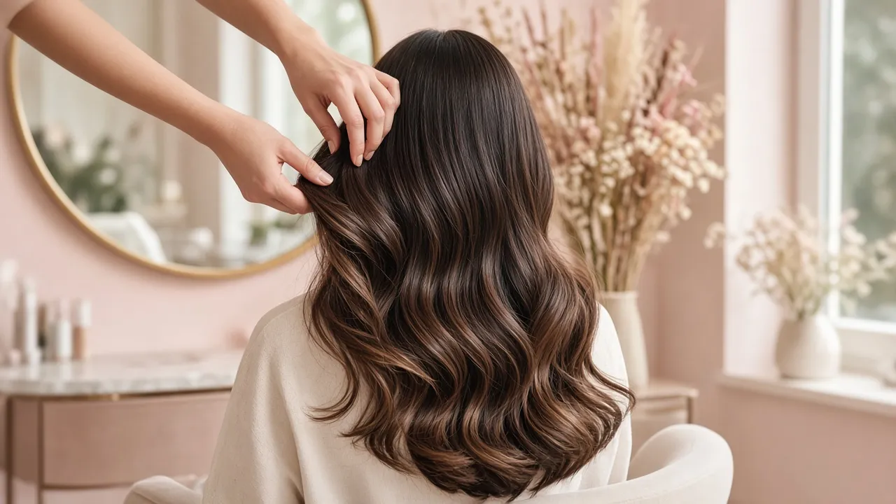 Stylist styling long glossy wavy hair