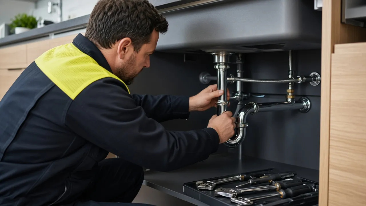 Plumber fitting chrome pipes under a kitchen sink